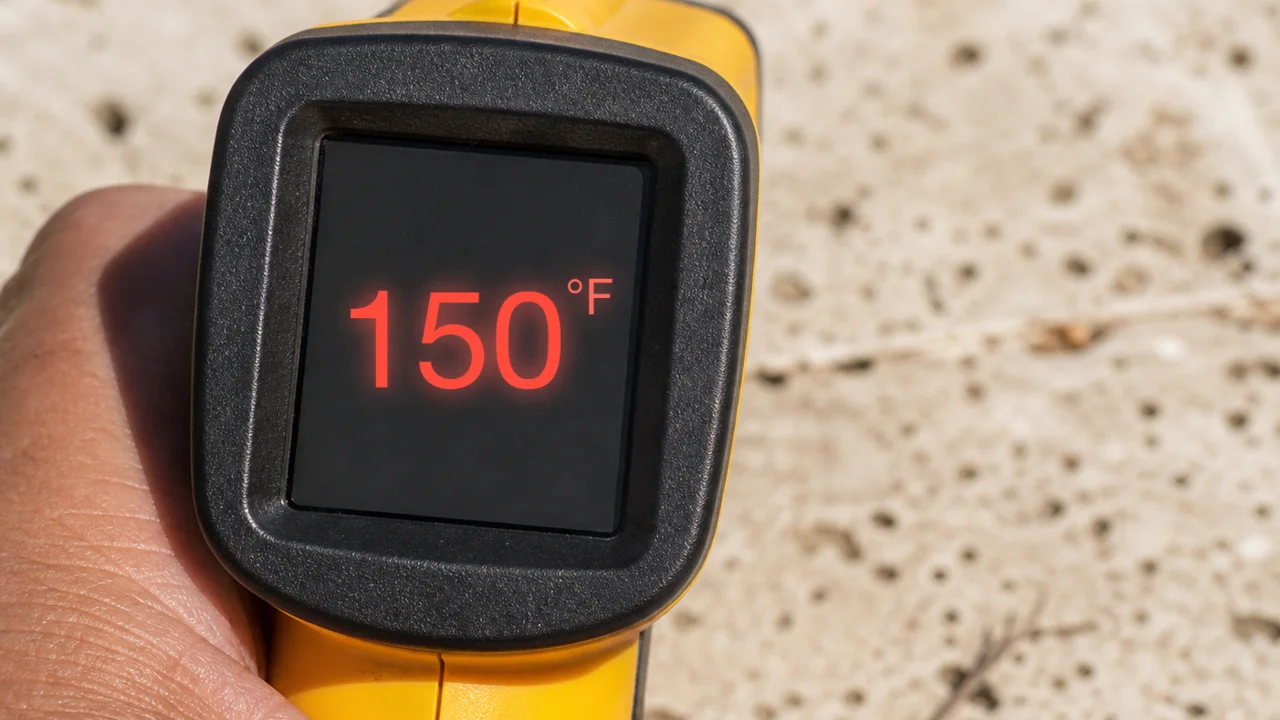 Infrared thermometer reading 150 degrees on bare concrete